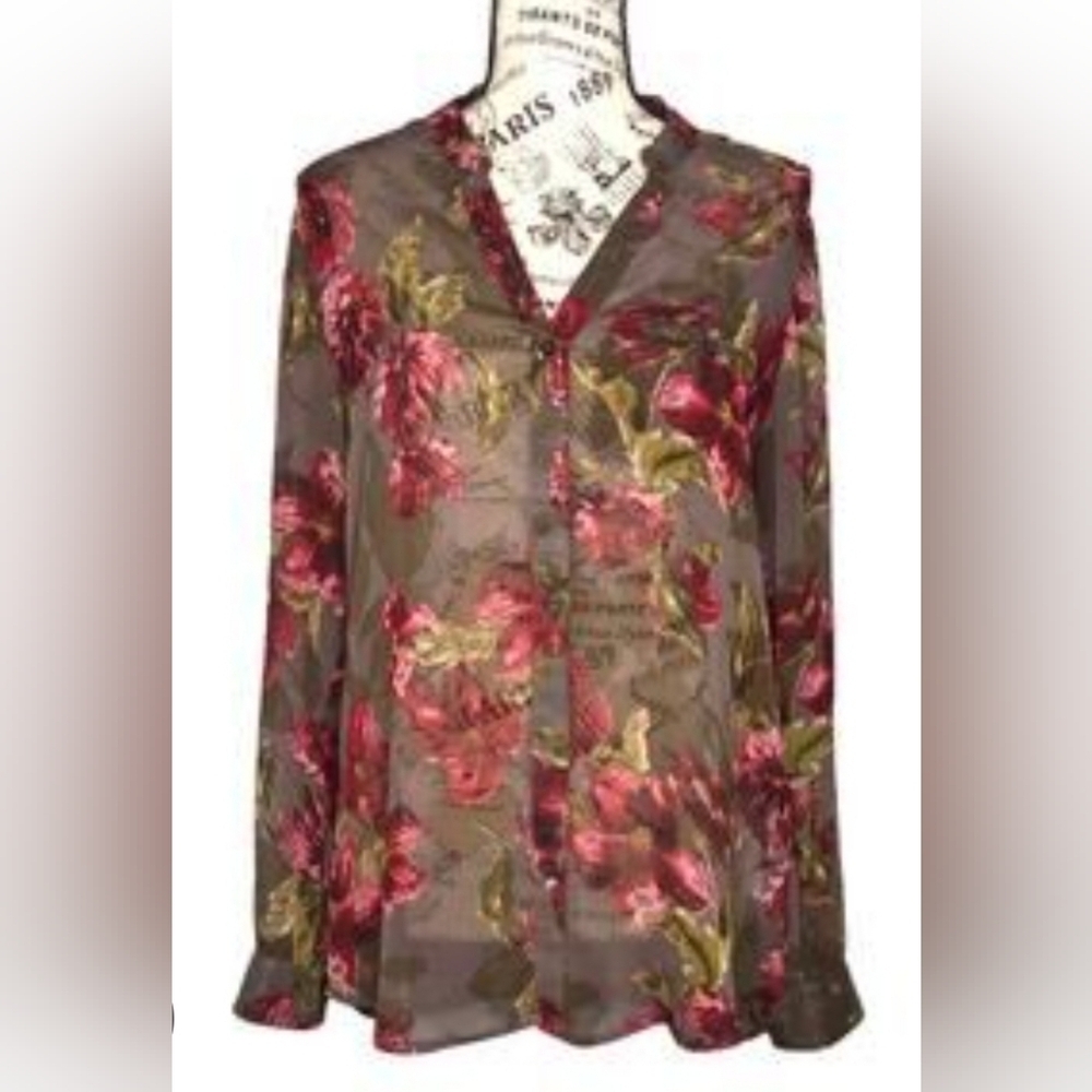 Kut from the Kloth Brown And Red Floral Sheer Button Down  Blouse Size L Fairy